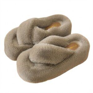 Women's Fluffy Faux Fur Cross Band Platform Slippers
